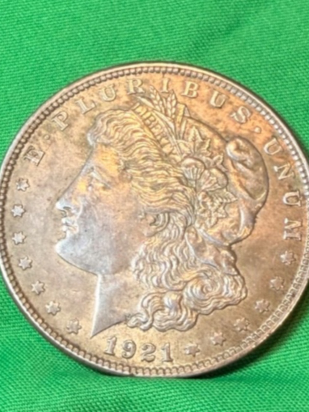 1921 $1 Morgan Art Silver Dollar Gold Toning Full Liberty